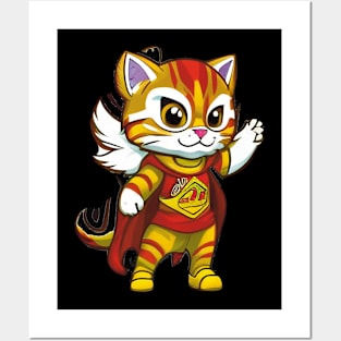 Cute Cartoon Cat Superhero in Cape Artwork for Kids and Cat Lovers Posters and Art